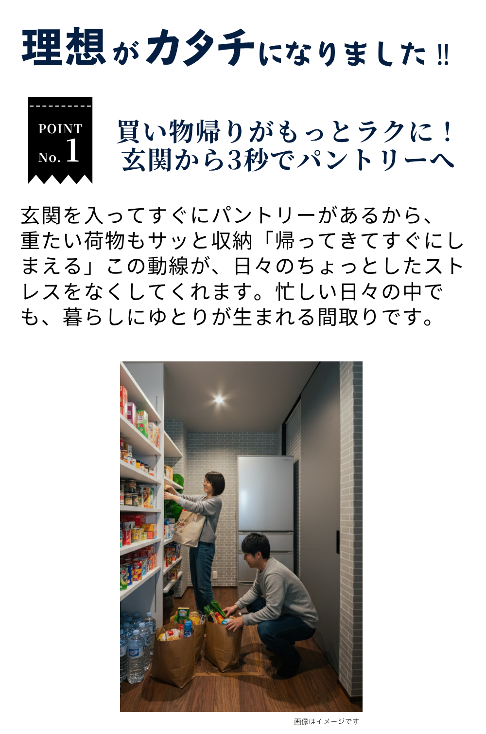 親子三世代　みーんな　毎日帰るのが楽しみになる家　子育て奮闘中のワーママも笑顔で帰宅できる家事楽動線　家の中で疲れたくない！　じいじもばあばも孫と余裕をもって遊べちゃう　快適な間取り　理想がカタチになりました　買い物帰りがもっとラクに！　玄関から3秒でパントリーへ　玄関を入ってすぐパントリーがあるから、重たい荷物もサッと収納　帰ってきてすぐしまえる　この動線が日々のちょっとしたストレスをなくしてくれます　忙しい日々の中でも暮らしにゆとりが生まれる間取りです